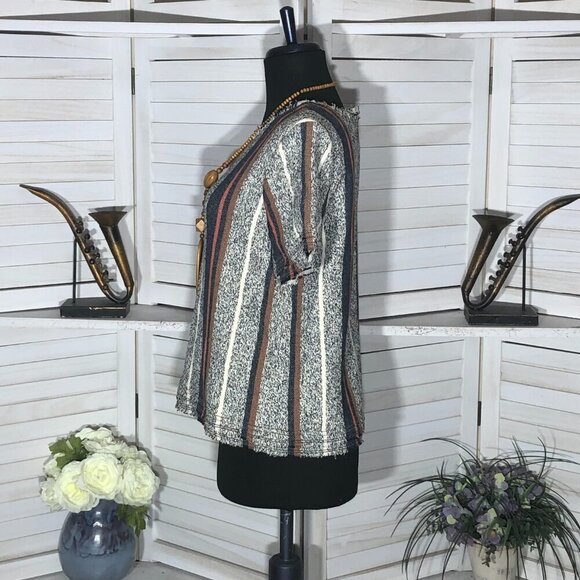 Ann Taylor Boho Blouse Cotton Short Sleeve Striped Gray Blue Cream Small - Picture 4 of 8
